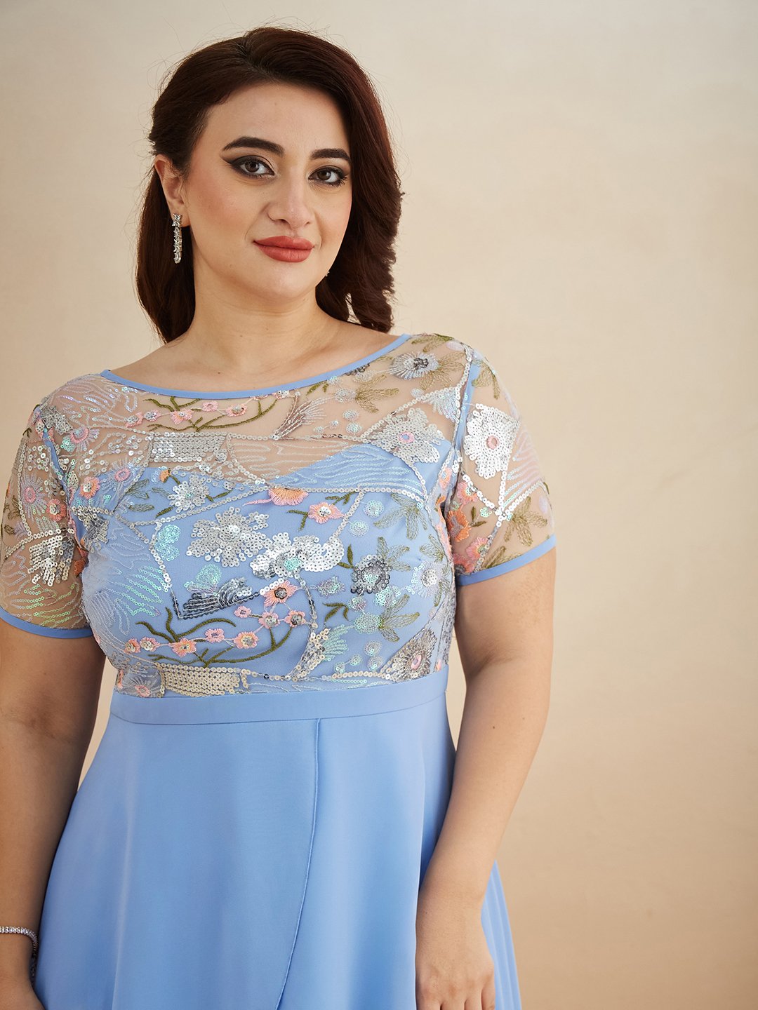 Sequin-Embellished Light Blue A-Line Maxi Dress
