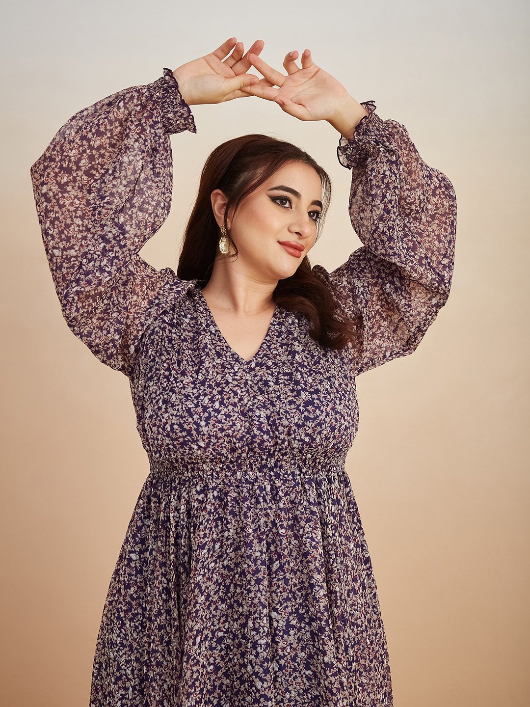 Purple Floral A-Line Long Sleeve Maxi Dress