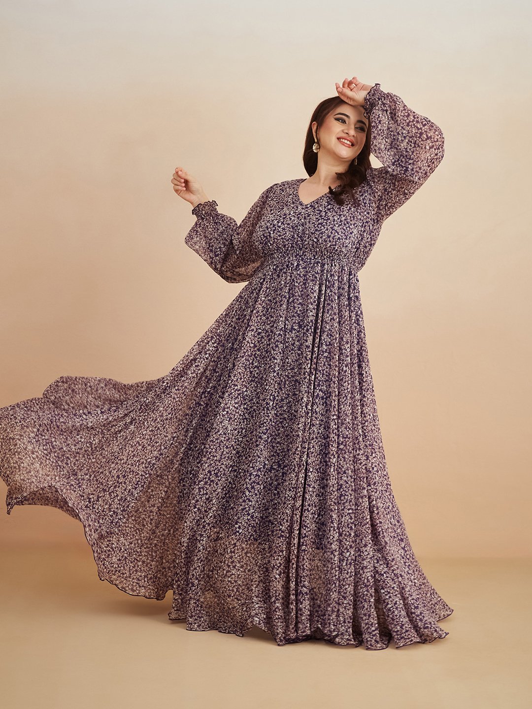 Purple Floral A-Line Long Sleeve Maxi Dress