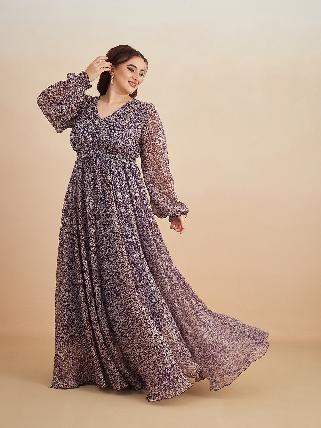 Purple Floral A-Line Long Sleeve Maxi Dress
