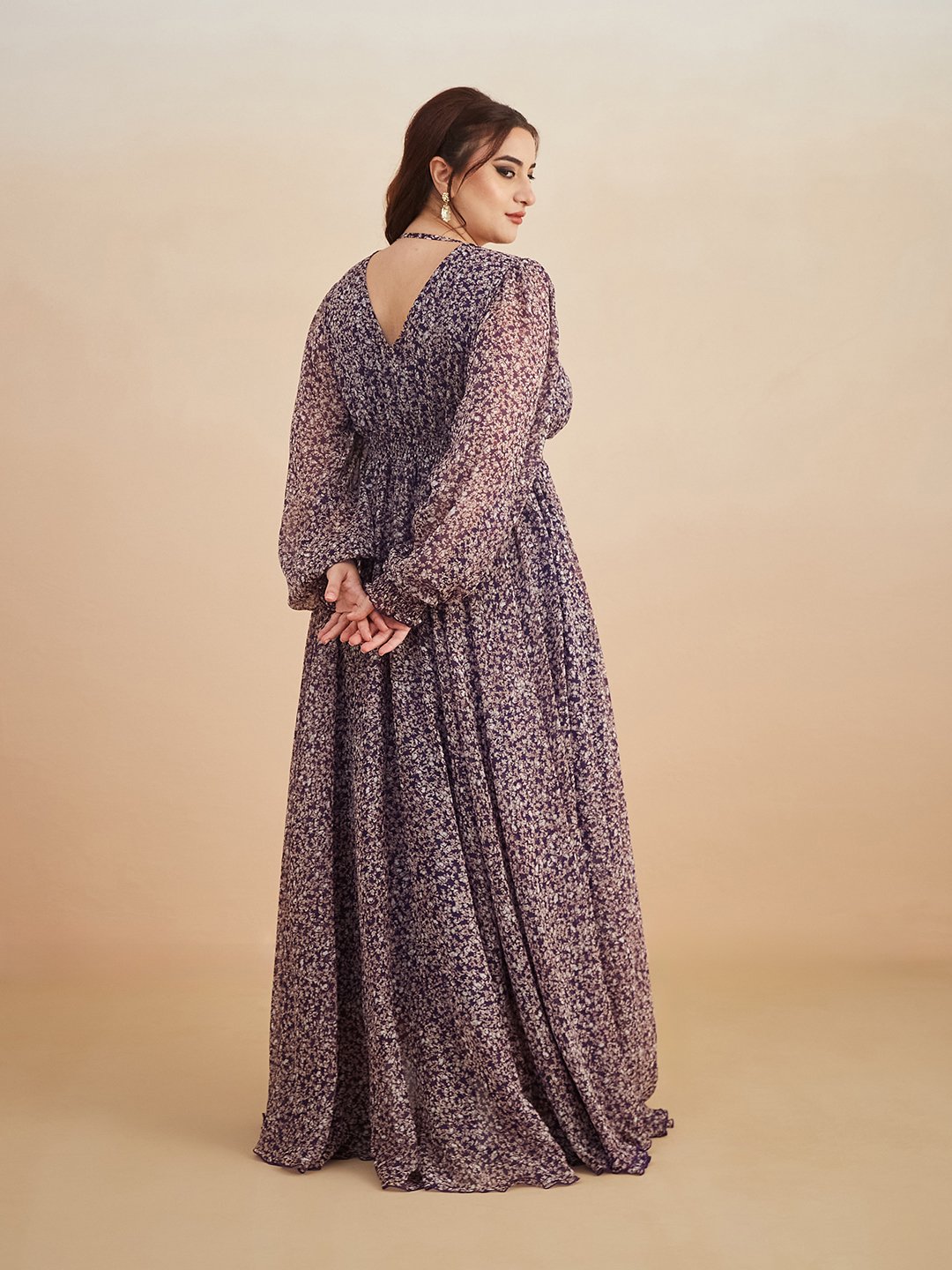 Purple Floral A-Line Long Sleeve Maxi Dress