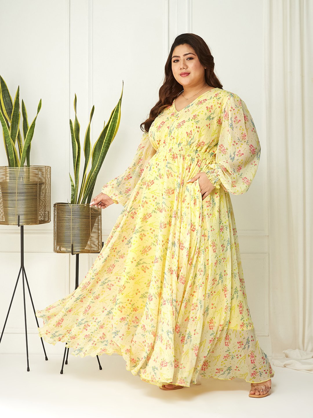 Yellow Floral A-Line Maxi Dress with Long Sleeves