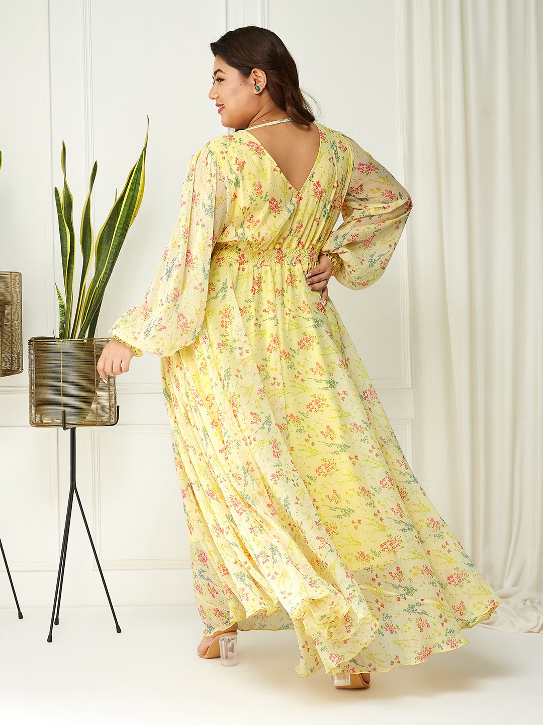 Yellow Floral A-Line Maxi Dress with Long Sleeves