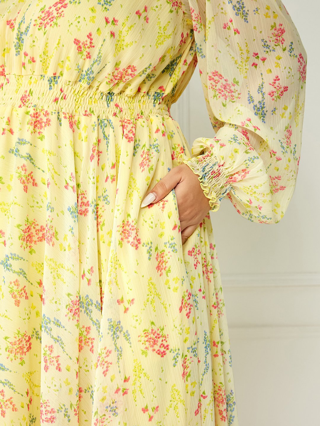 Yellow Floral A-Line Maxi Dress with Long Sleeves