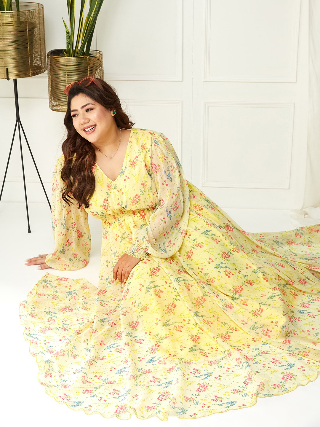 Yellow Floral A-Line Maxi Dress with Long Sleeves