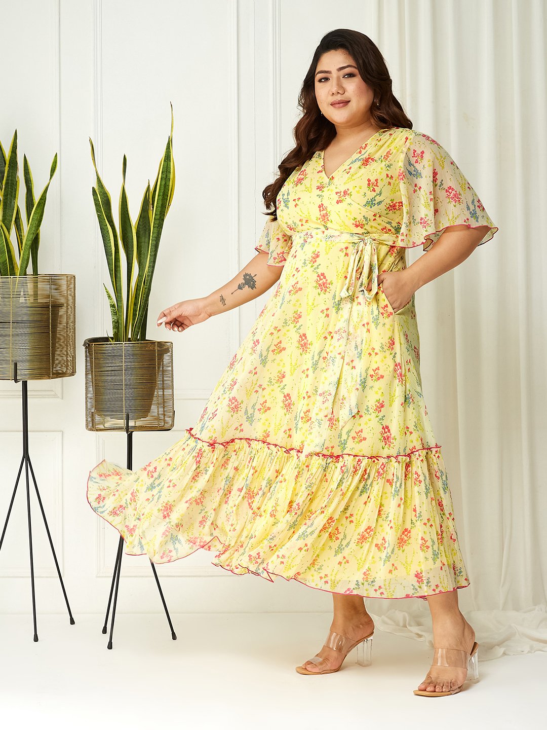 Yellow Floral Wrap Maxi Dress with Short Sleeves