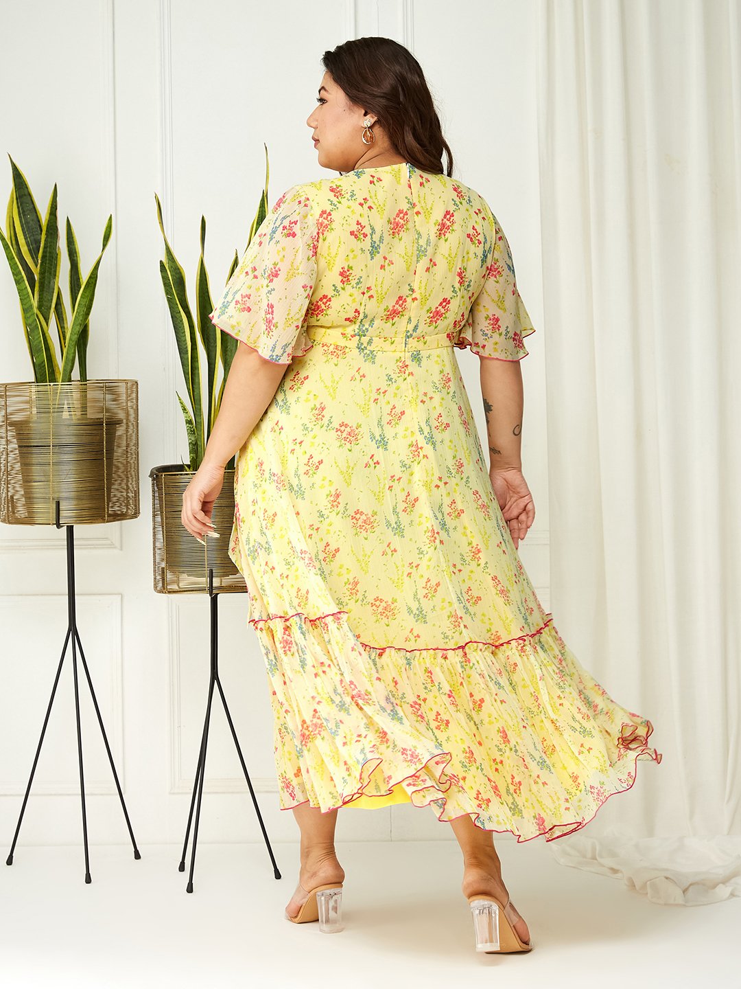 Yellow Floral Wrap Maxi Dress with Short Sleeves