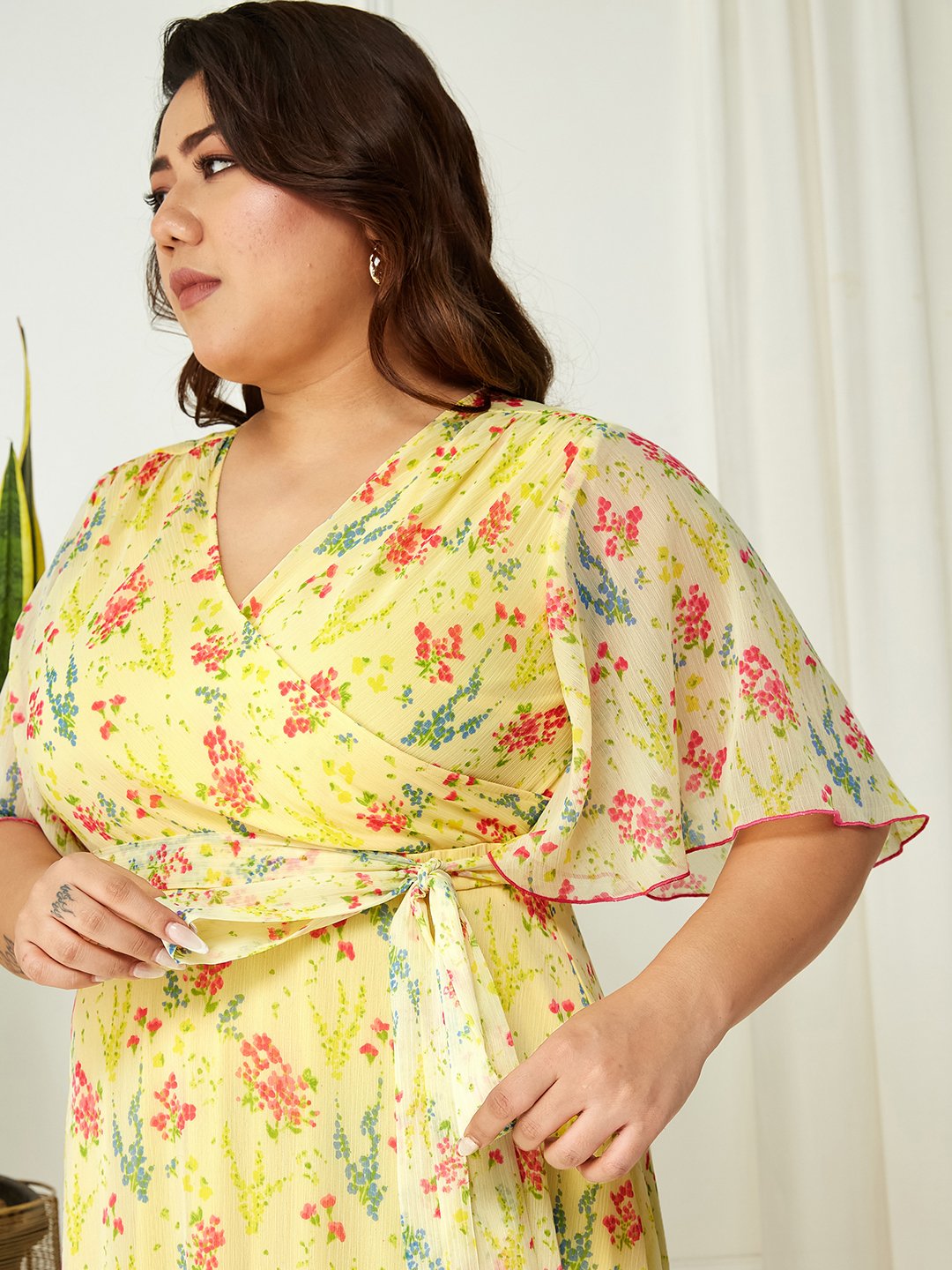 Yellow Floral Wrap Maxi Dress with Short Sleeves
