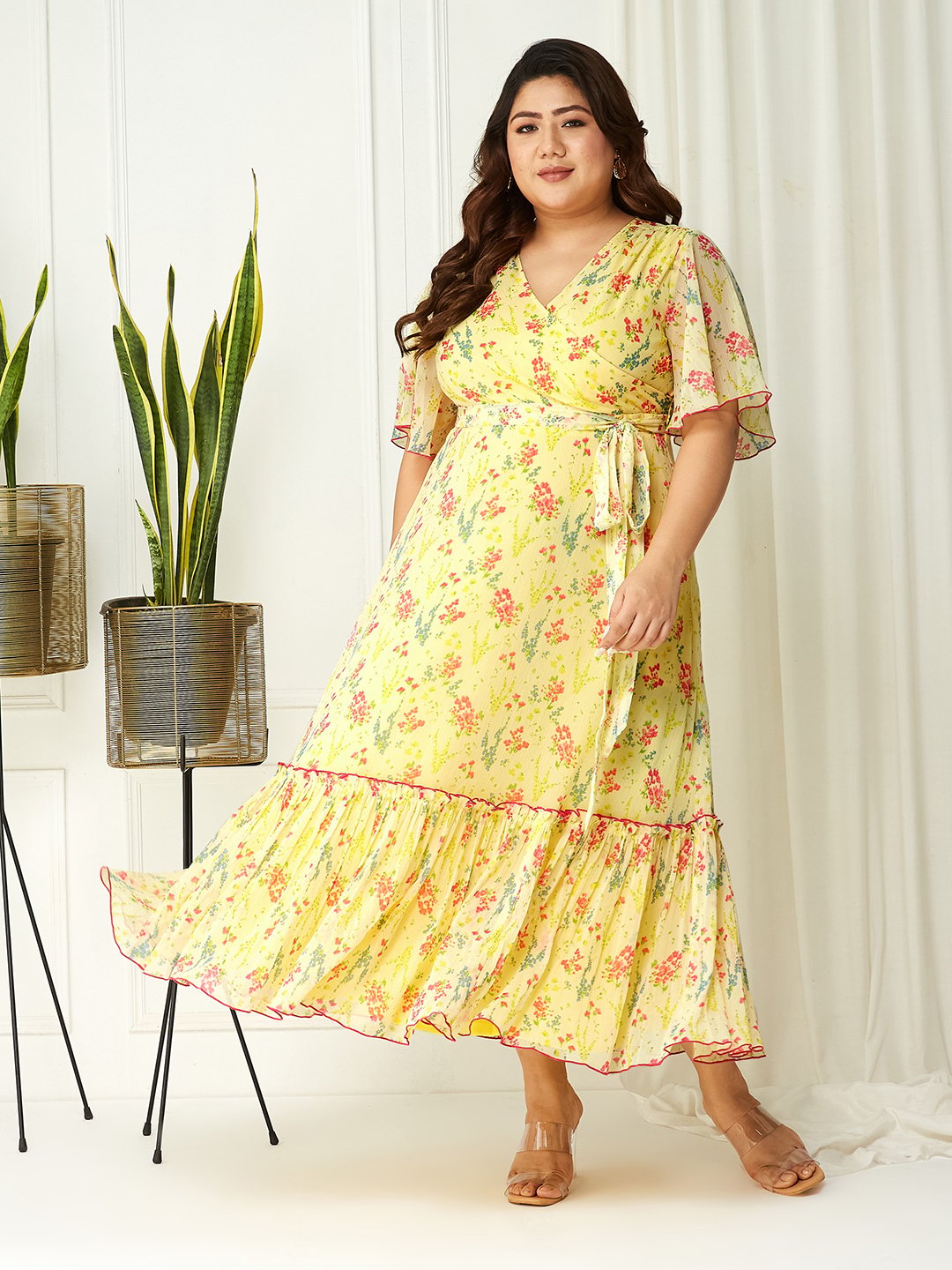 Yellow Floral Wrap Maxi Dress with Short Sleeves