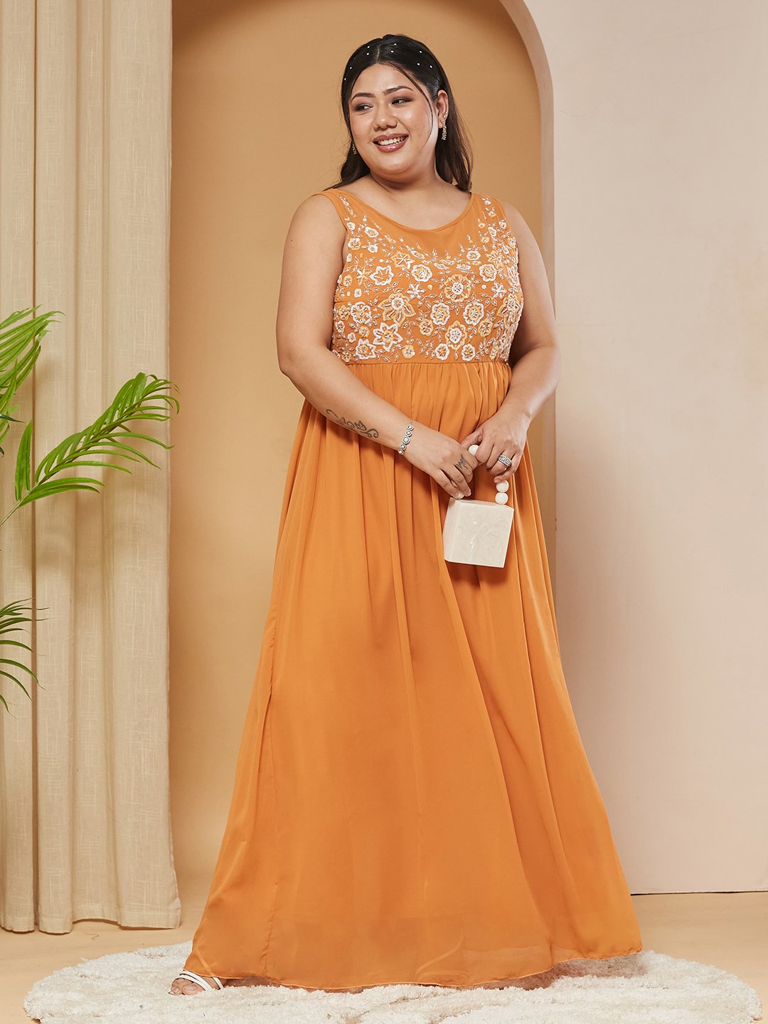 Mustard Embroidered Sleeveless A-Line Maxi Dress