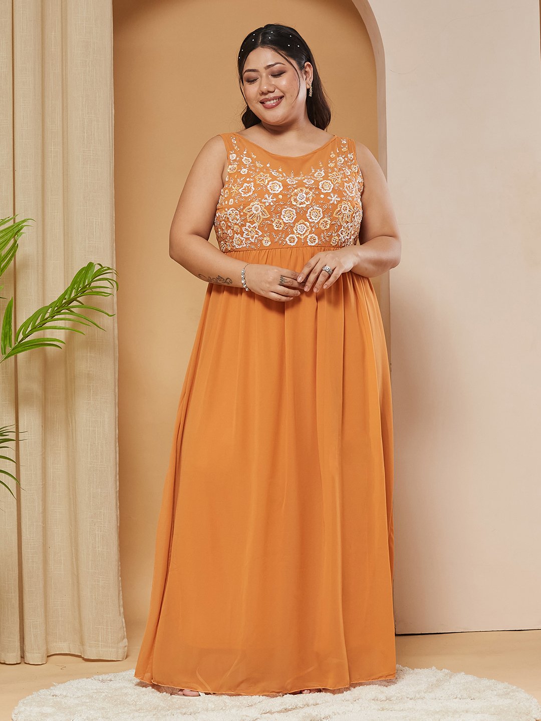 Mustard Embroidered Sleeveless A-Line Maxi Dress