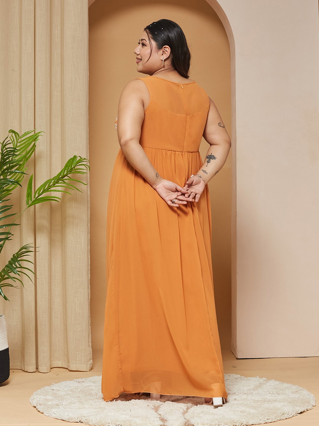 Mustard Embroidered Sleeveless A-Line Maxi Dress