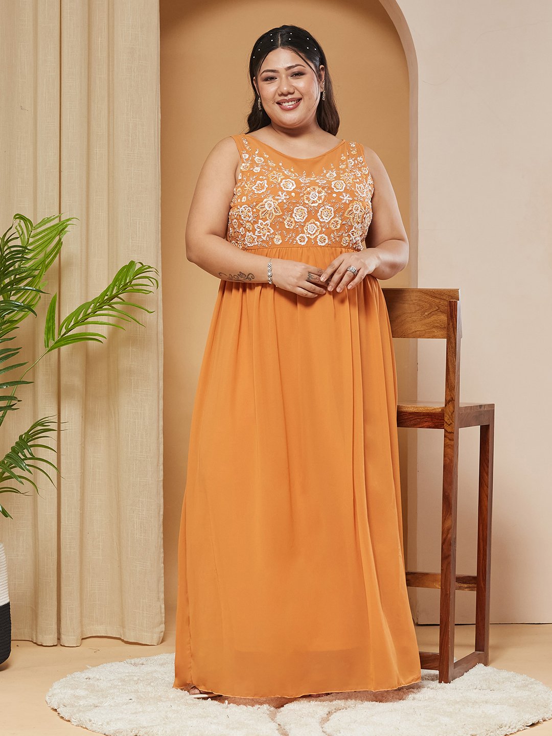 Mustard Embroidered Sleeveless A-Line Maxi Dress