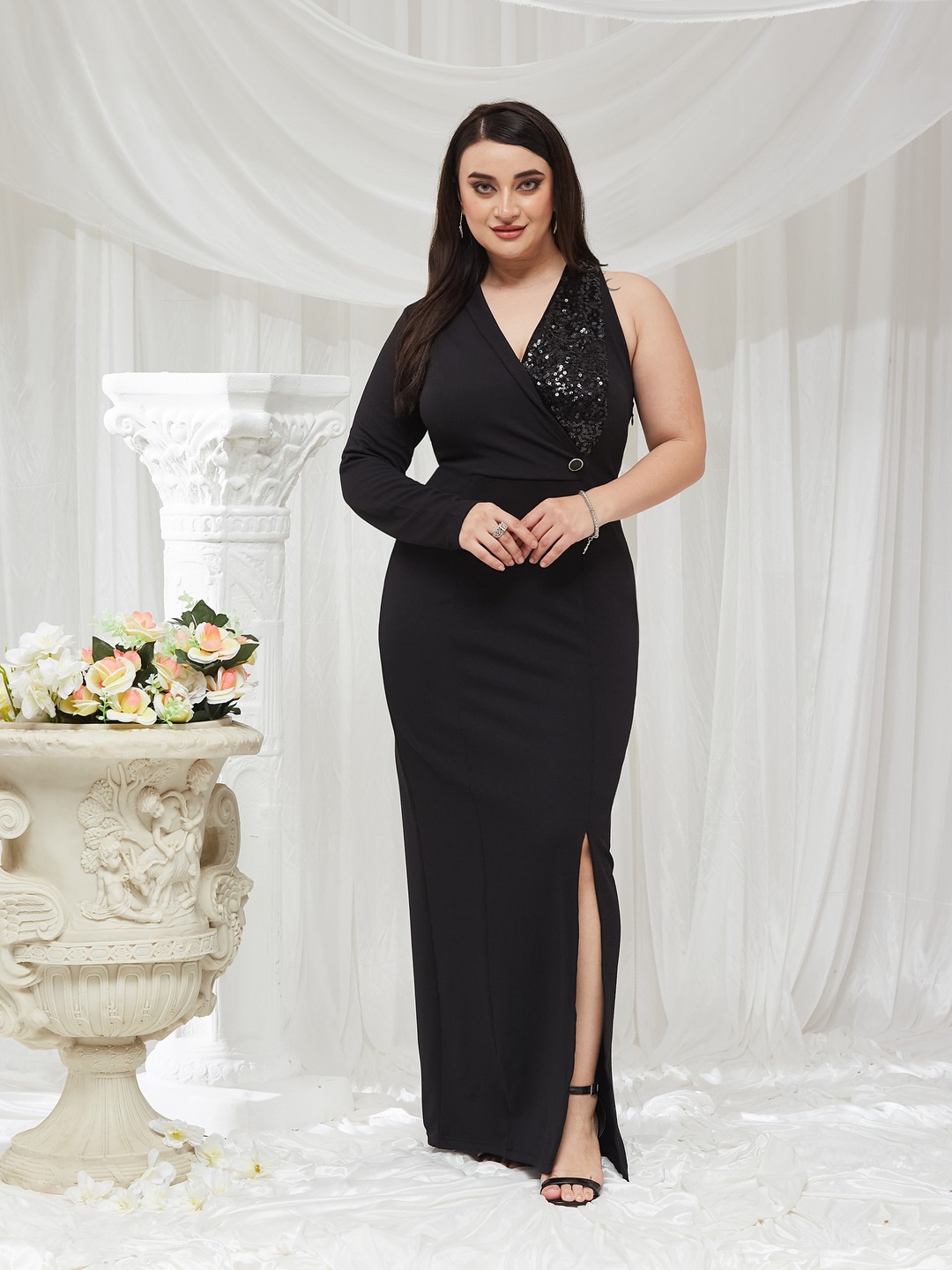 Black Sequin One-Sleeve Bodycon Maxi Dress