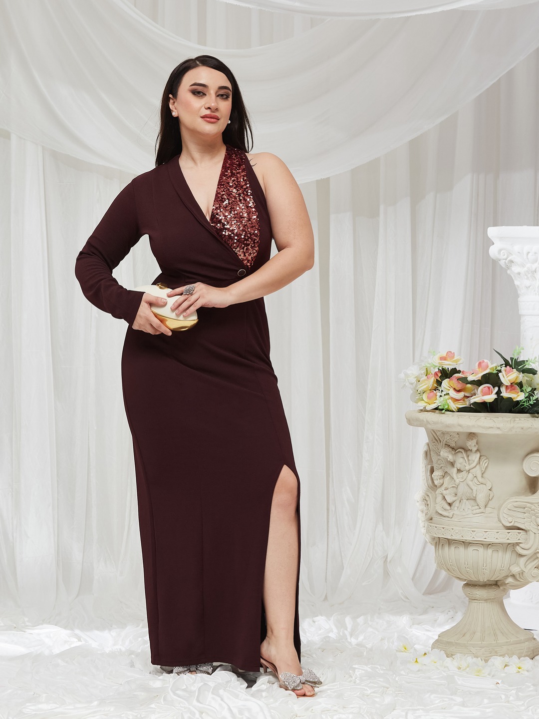 Burgundy Sequin One-Sleeve Maxi Dress