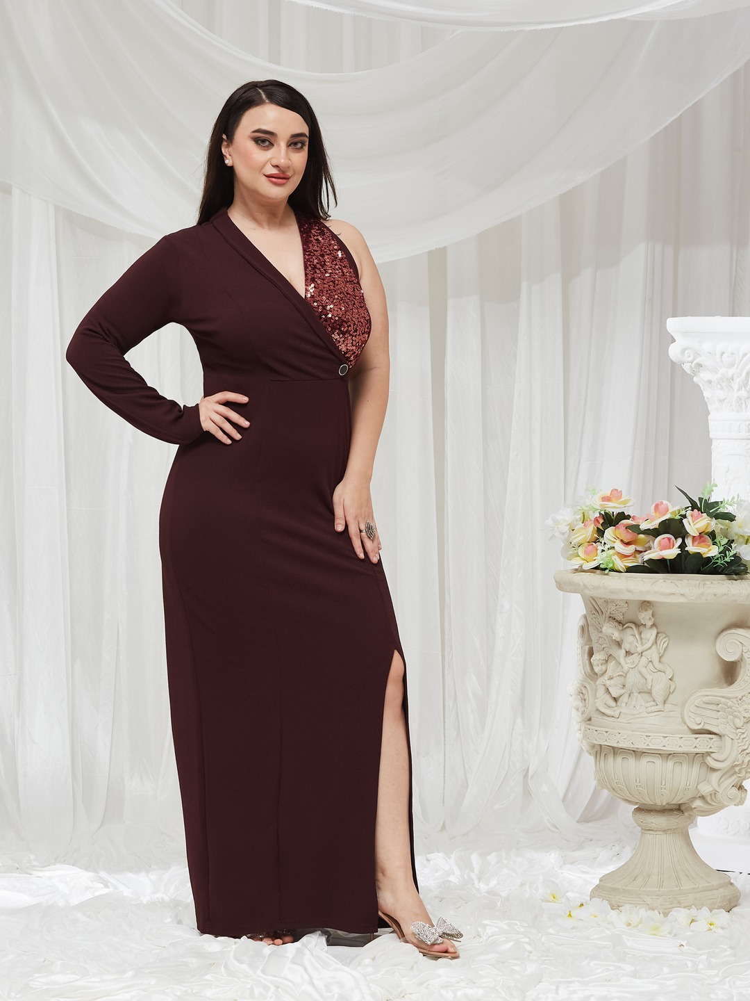 Burgundy Sequin One-Sleeve Maxi Dress