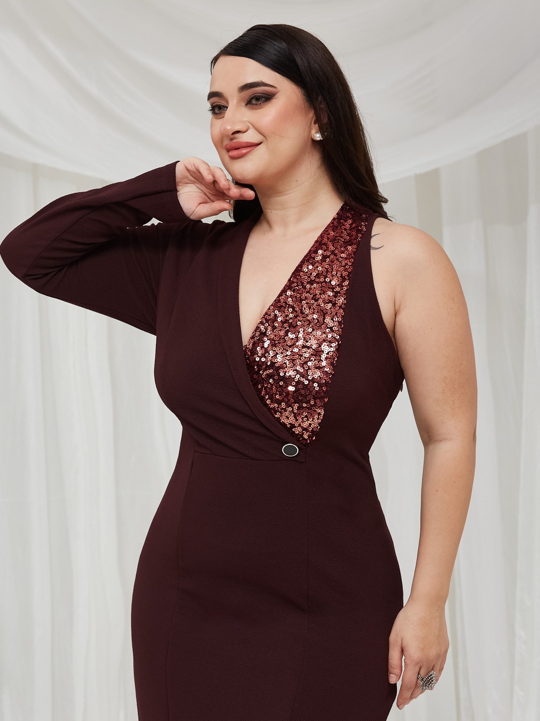 Burgundy Sequin One-Sleeve Maxi Dress