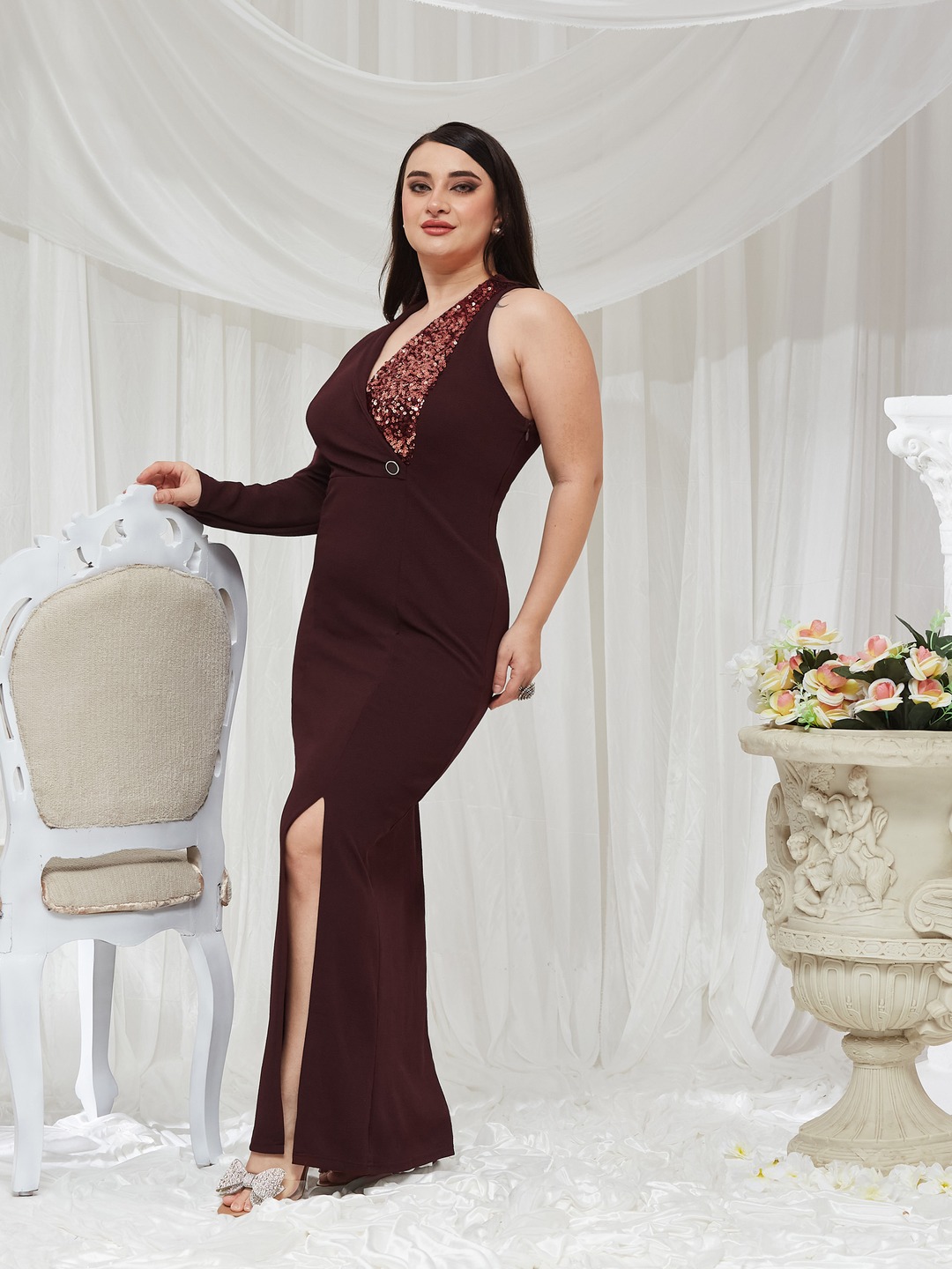 Burgundy Sequin One-Sleeve Maxi Dress