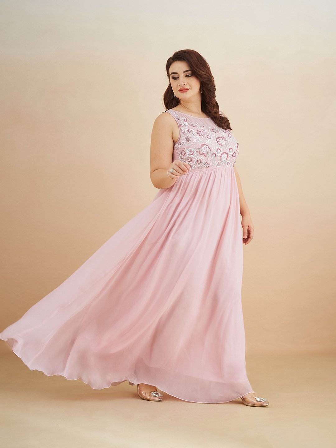 Light Pink Embroidered A-Line Maxi Dress