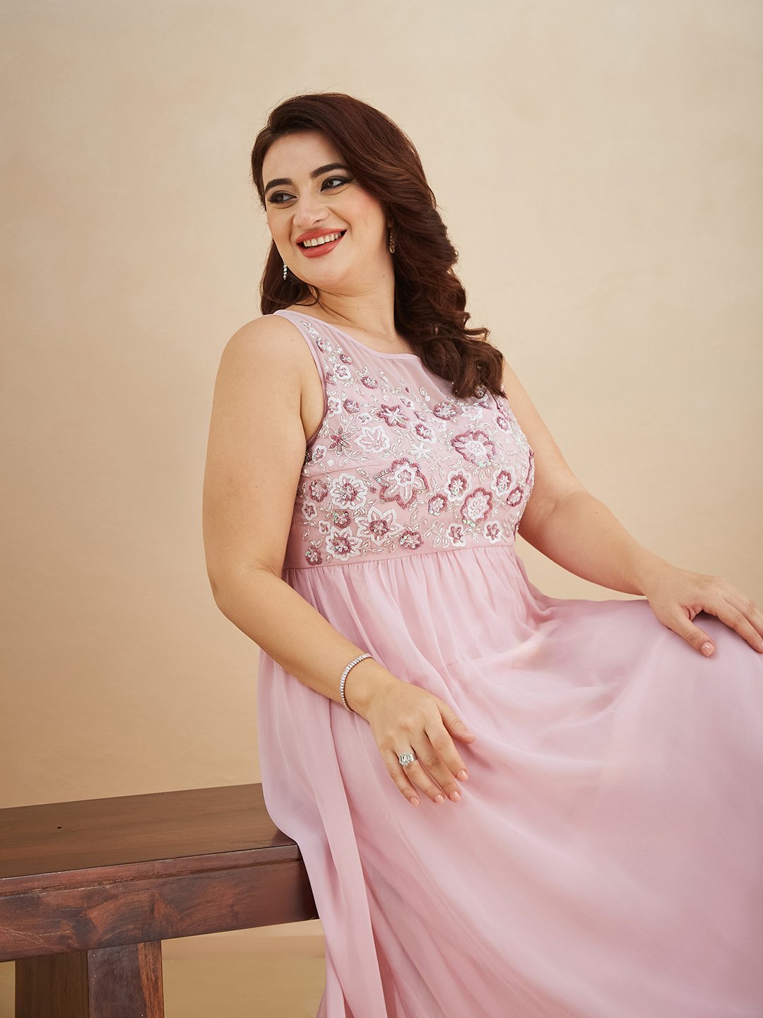 Light Pink Embroidered A-Line Maxi Dress