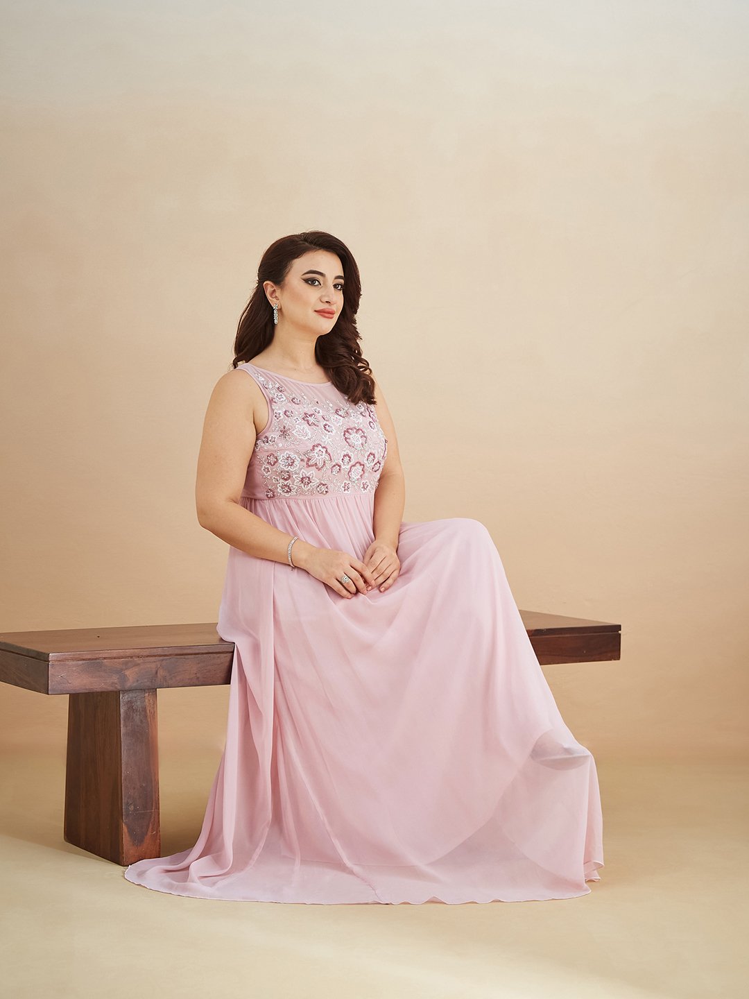 Light Pink Embroidered A-Line Maxi Dress