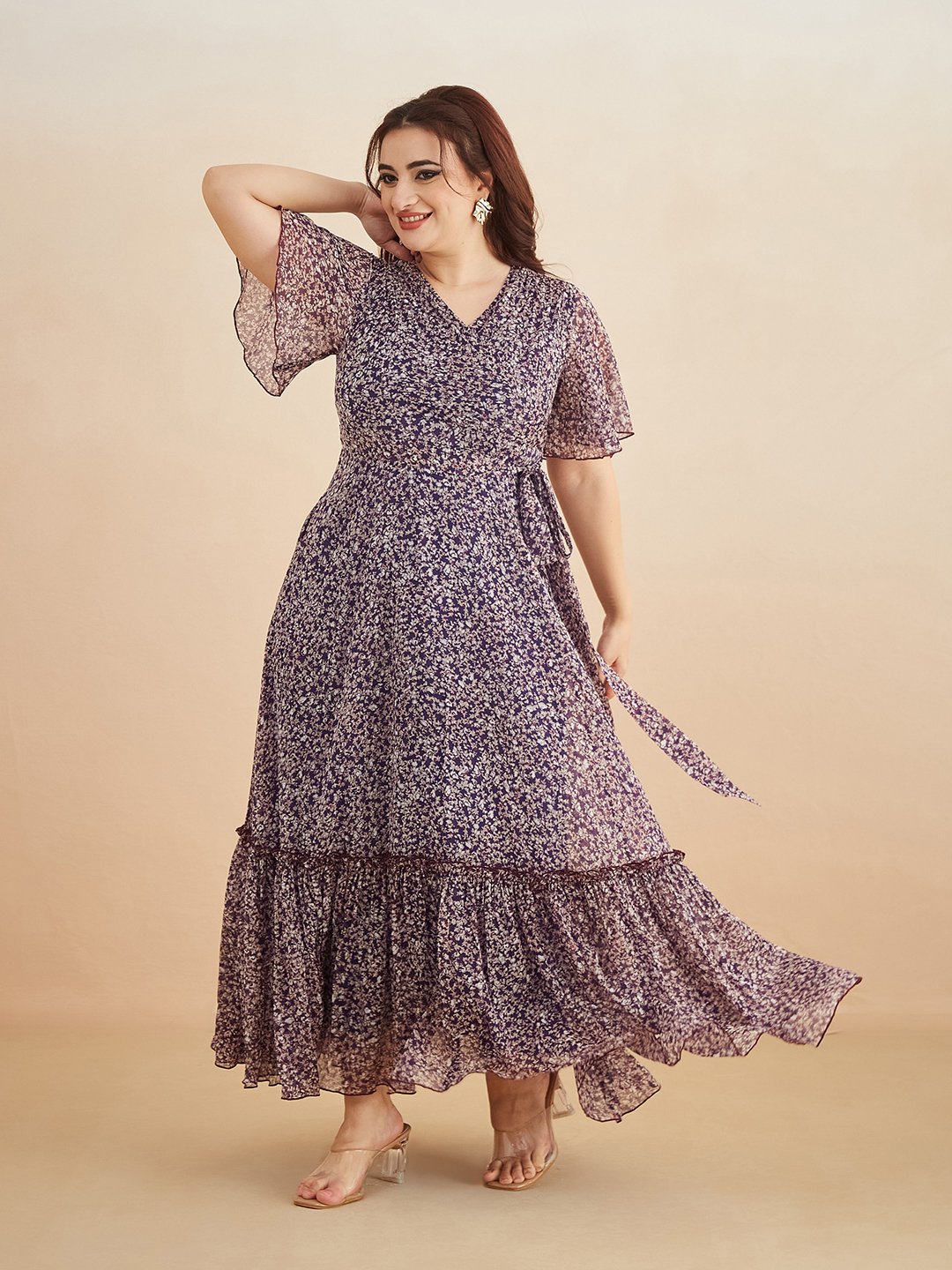 Purple Floral Wrap Maxi Dress with Short Sleeves - Daytime