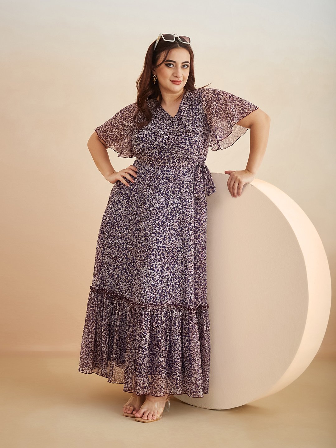 Purple Floral Wrap Maxi Dress with Short Sleeves - Daytime