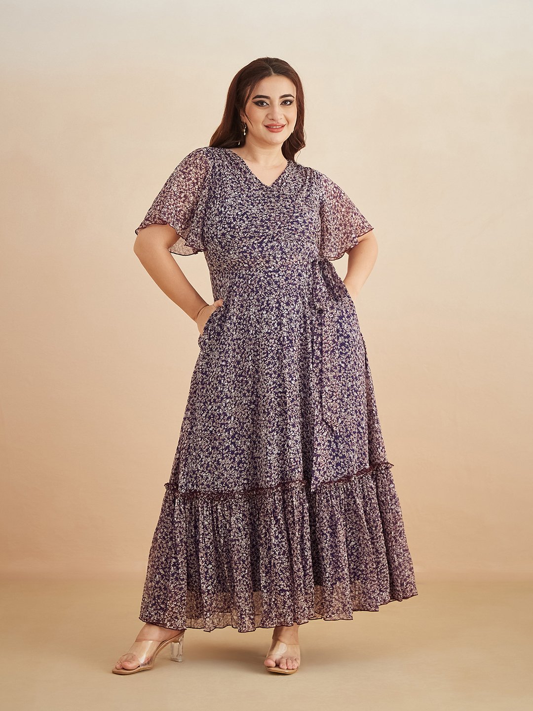 Purple Floral Wrap Maxi Dress with Short Sleeves - Daytime