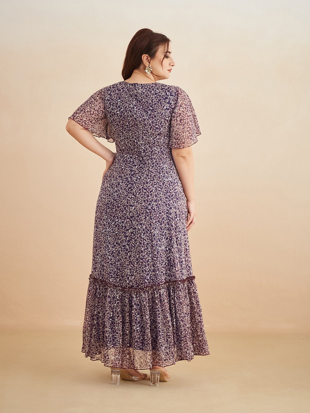 Purple Floral Wrap Maxi Dress with Short Sleeves - Daytime