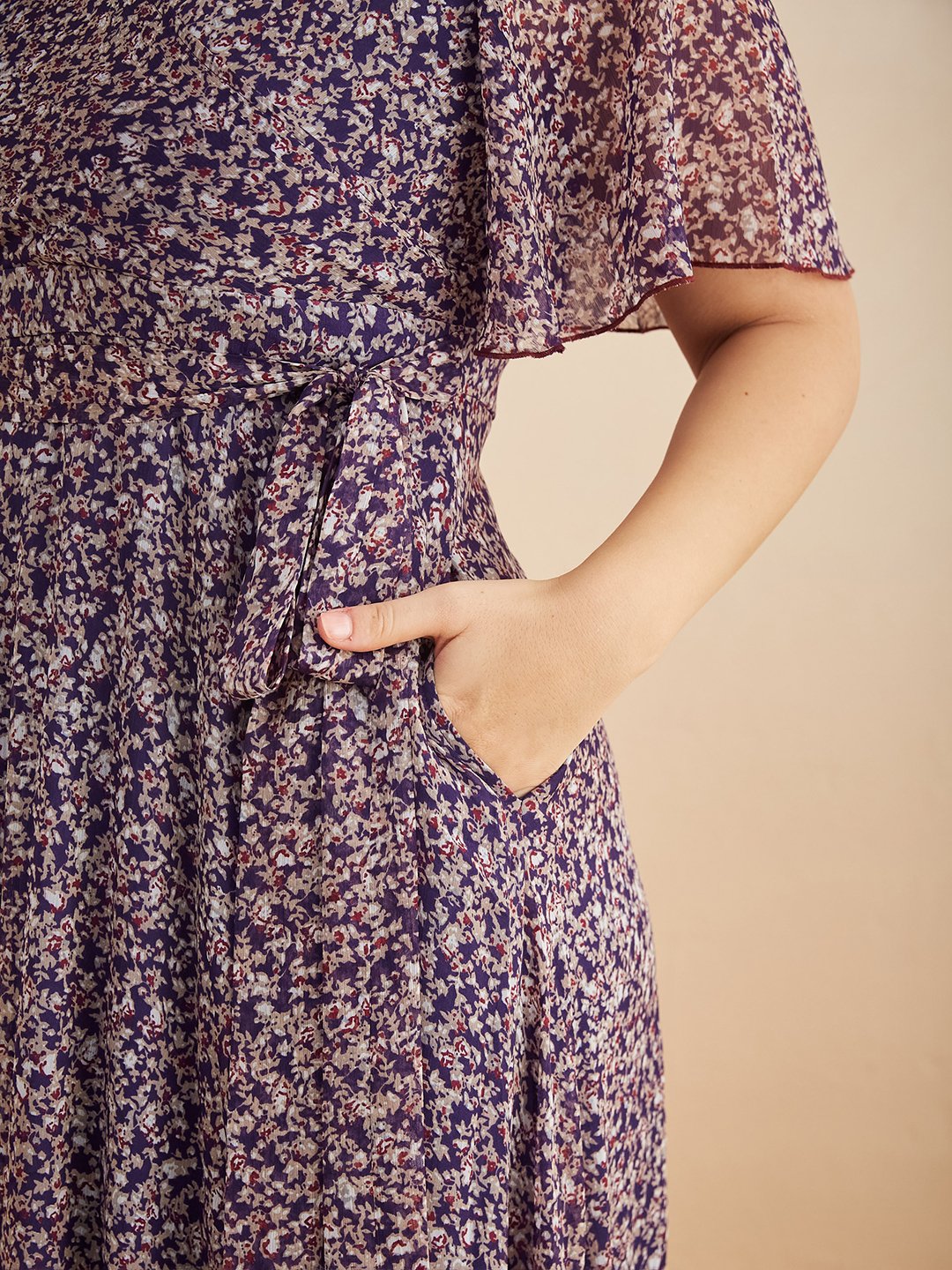Purple Floral Wrap Maxi Dress with Short Sleeves - Daytime