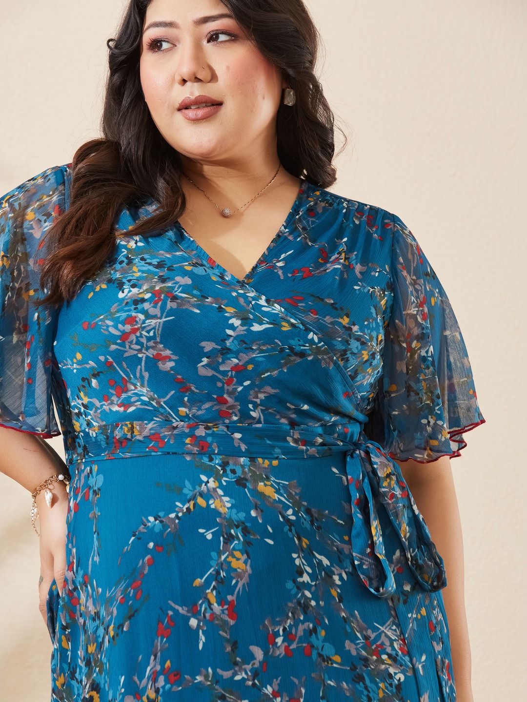Teal Floral Wrap Maxi Dress with Short Sleeves - Daytime