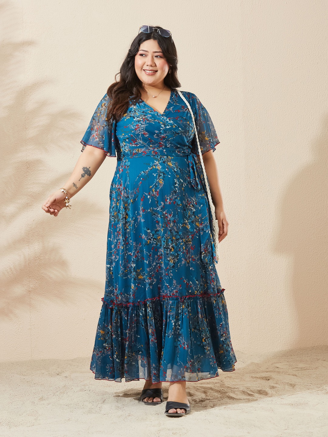Teal Floral Wrap Maxi Dress with Short Sleeves - Daytime