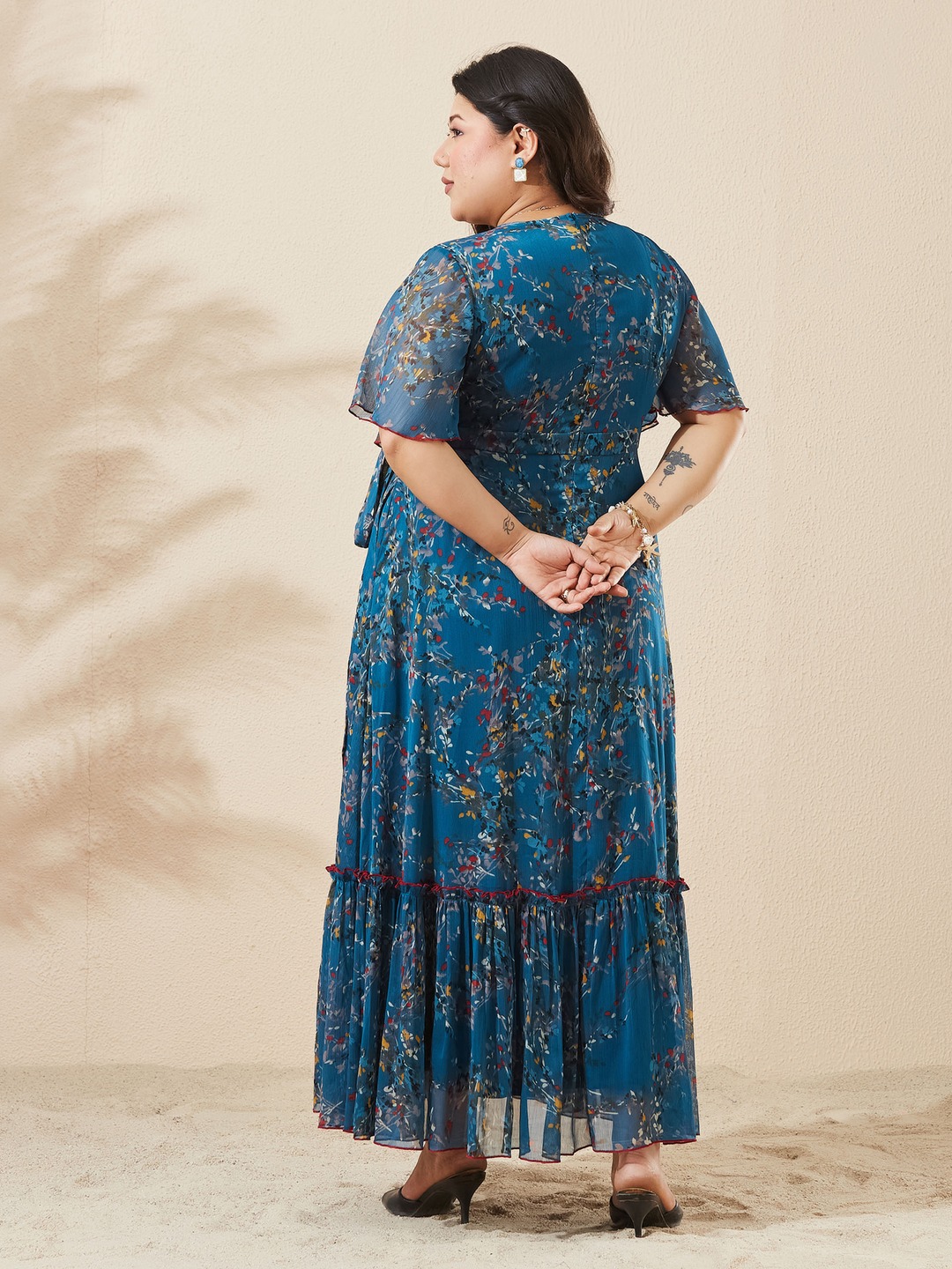 Teal Floral Wrap Maxi Dress with Short Sleeves - Daytime