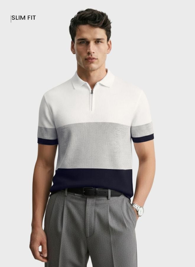 Multi Color Block Polo Neck Slim T-Shirt