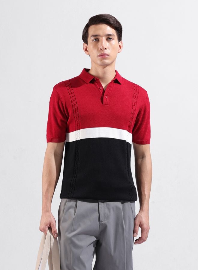 Red Color Block Collared Slim T-Shirt