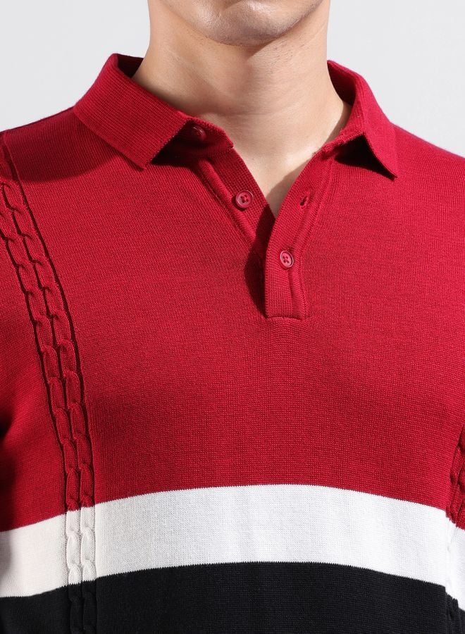 Red Color Block Collared Slim T-Shirt