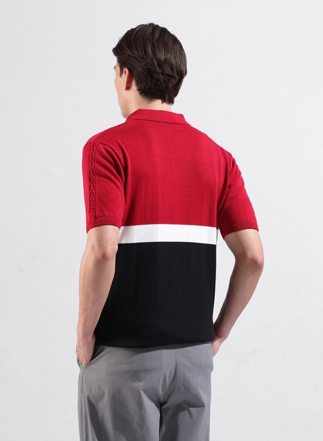 Red Color Block Collared Slim T-Shirt