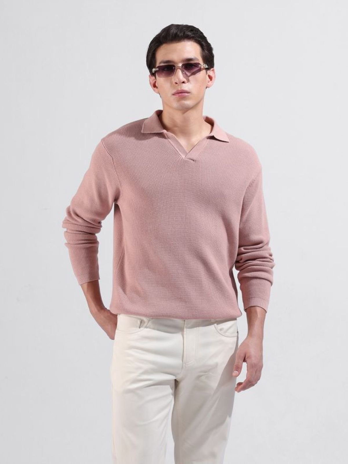 Pink Texture Polo Neck Slim T-Shirt