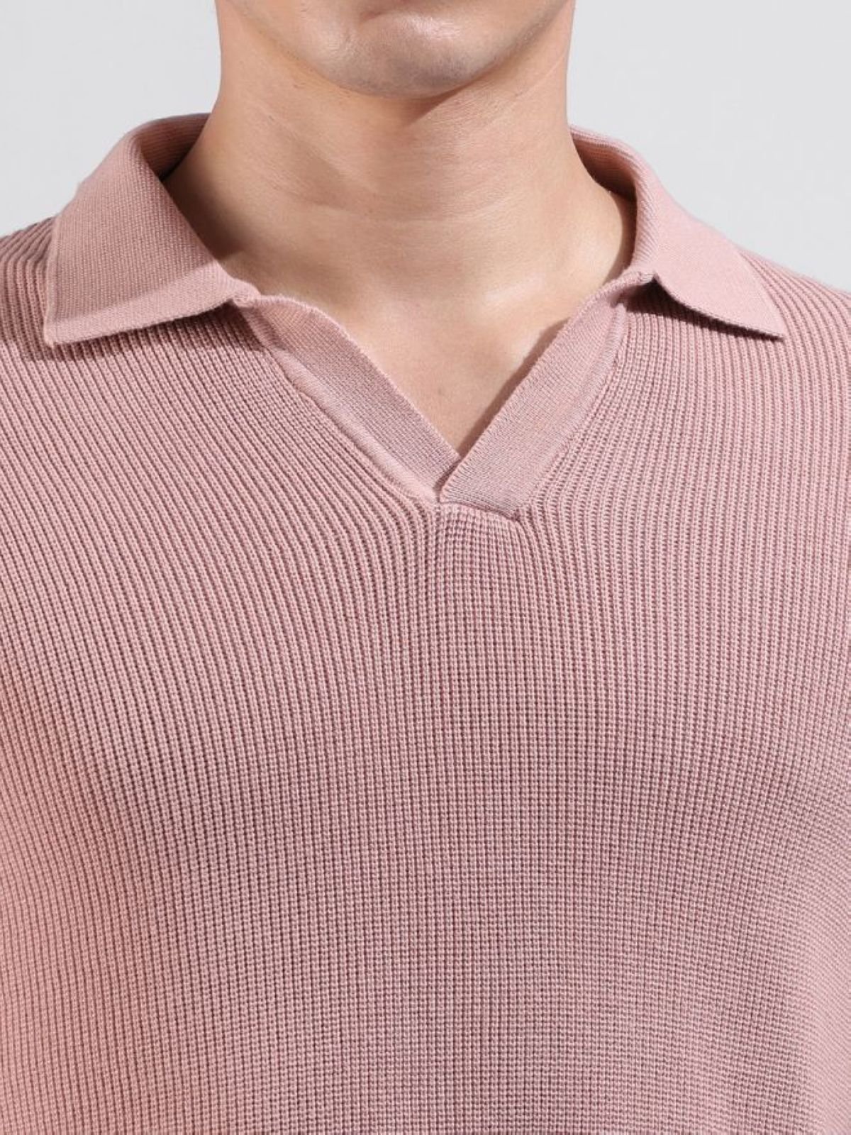 Pink Texture Polo Neck Slim T-Shirt