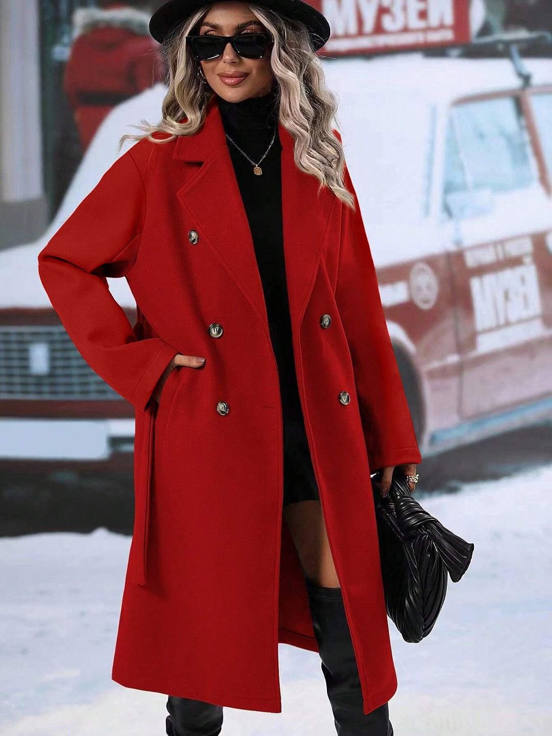 Red Solid Regular Wool Coat with Long Sleeves