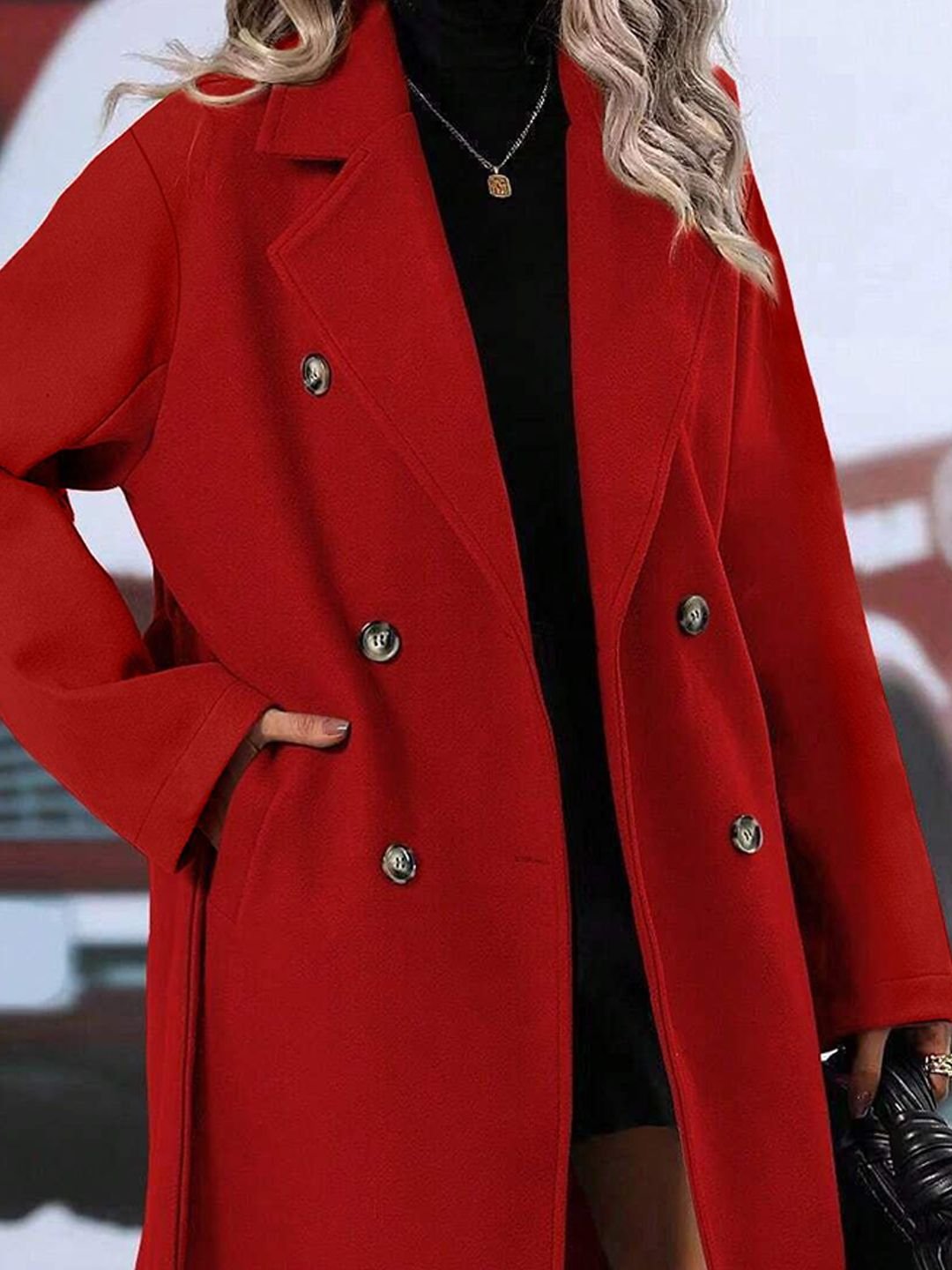 Red Solid Regular Wool Coat with Long Sleeves