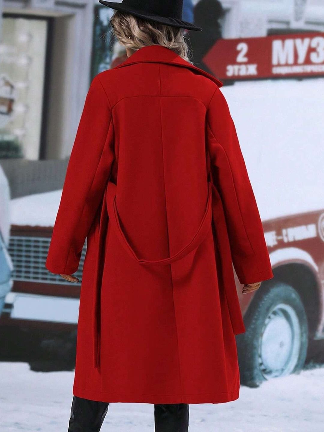 Red Solid Regular Wool Coat with Long Sleeves