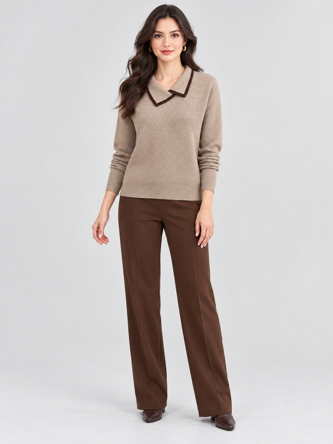 Khaki Textured Sweatshirt with Long Sleeves