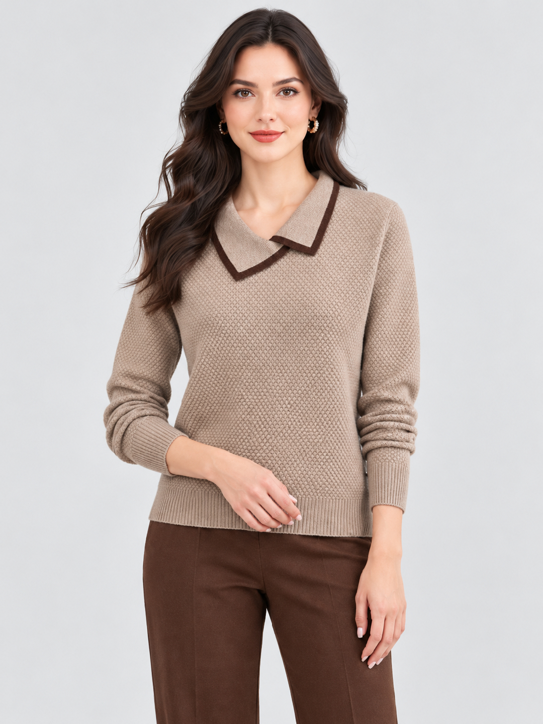 Khaki Textured Sweatshirt with Long Sleeves