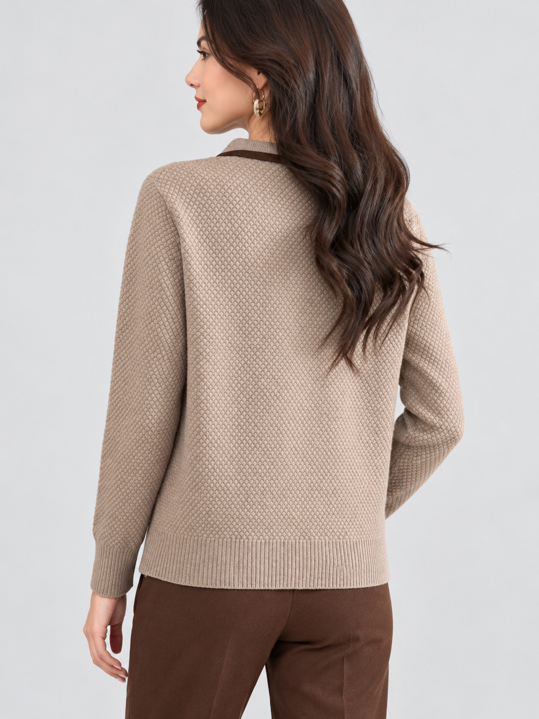 Khaki Textured Sweatshirt with Long Sleeves
