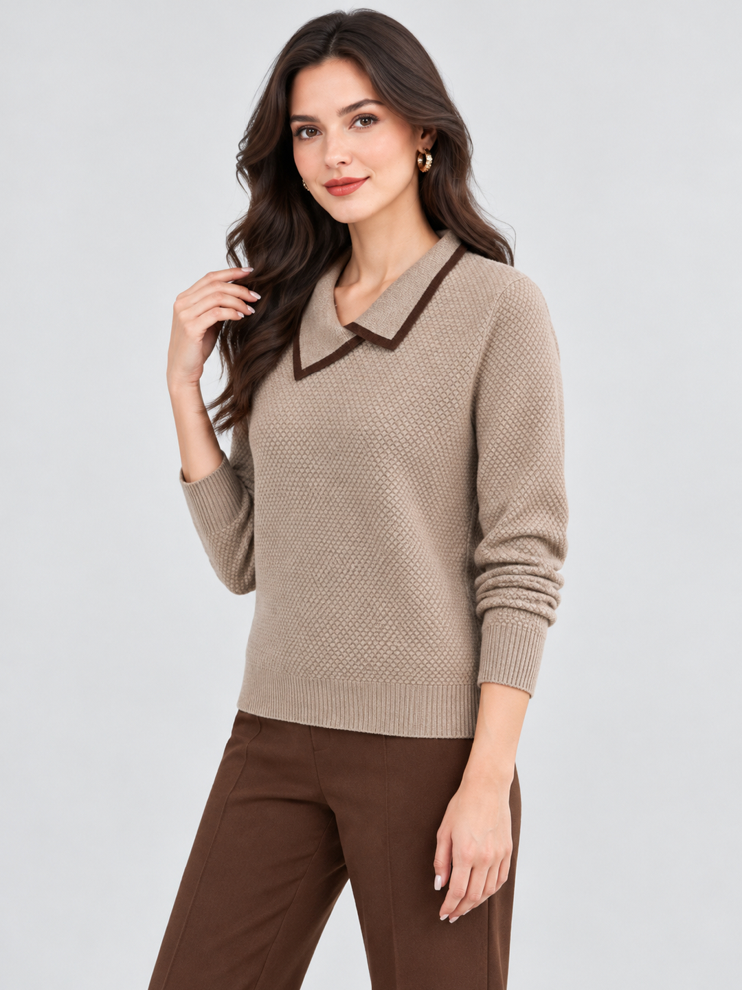Khaki Textured Sweatshirt with Long Sleeves