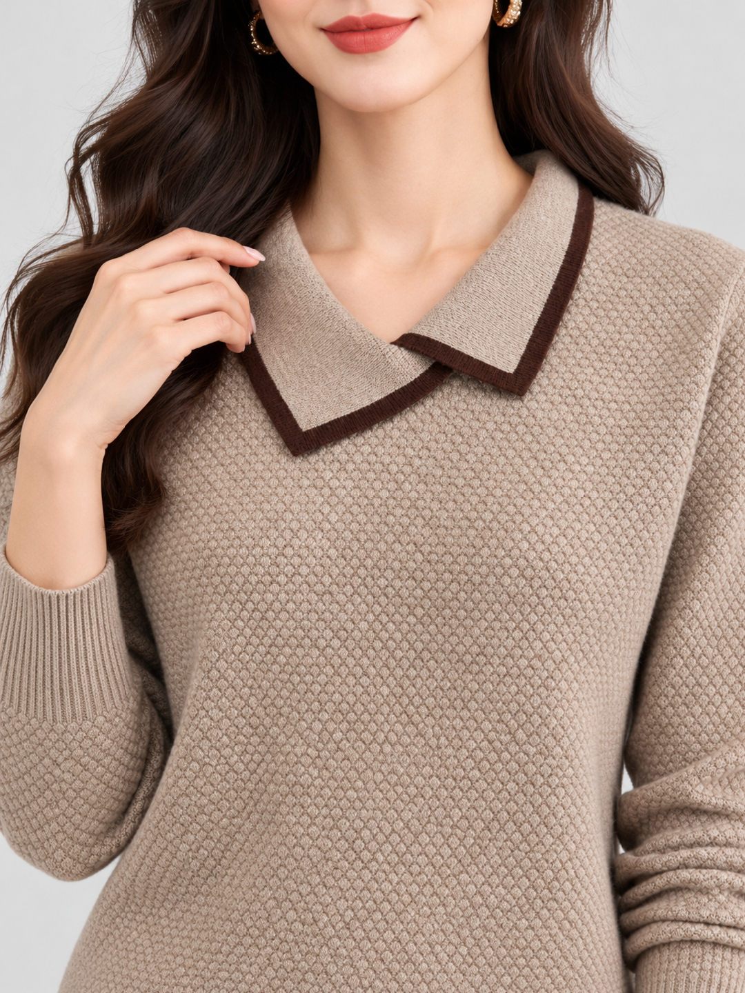 Khaki Textured Sweatshirt with Long Sleeves