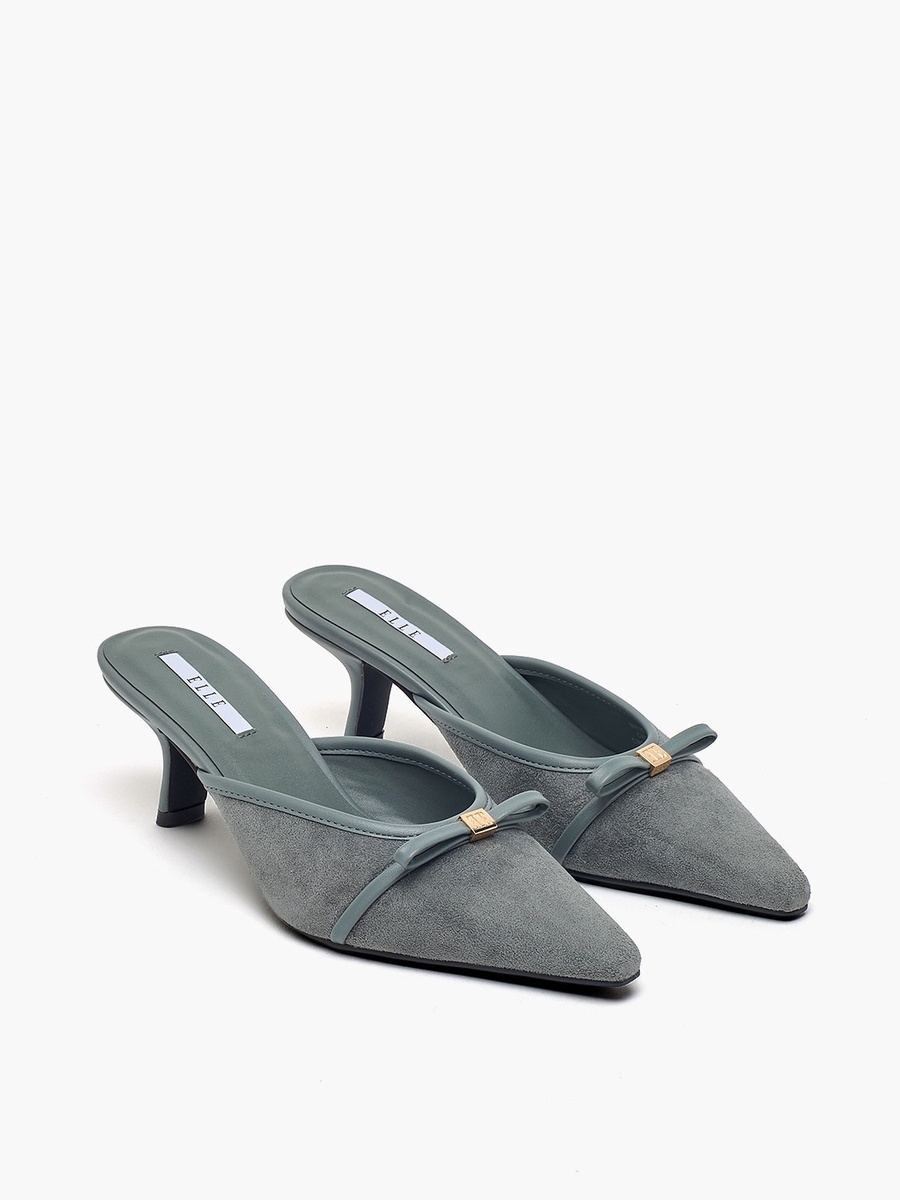 Women Bow Accent Pointed Toe Kitten Heel Mules