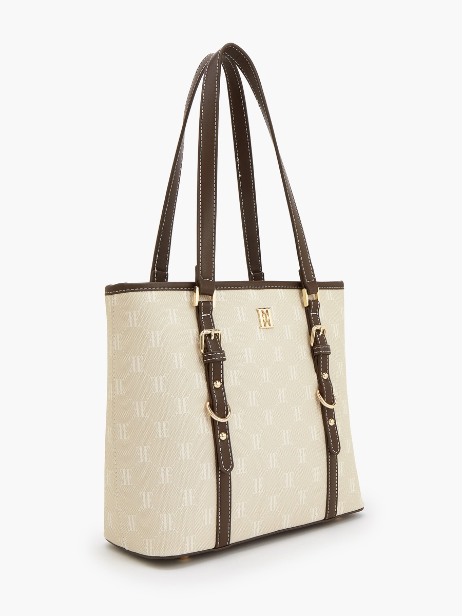Monogram Print Tote Bag With Zip Closure