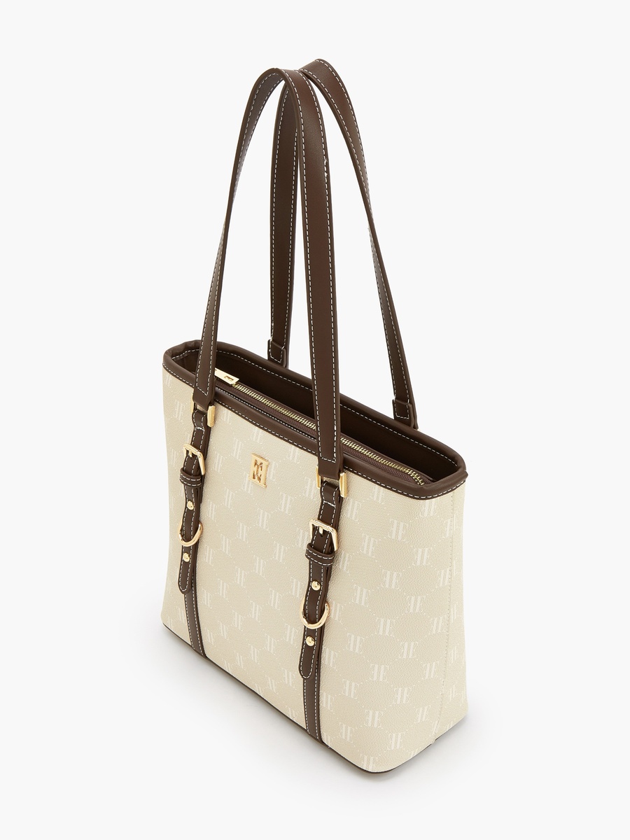 Monogram Print Tote Bag With Zip Closure